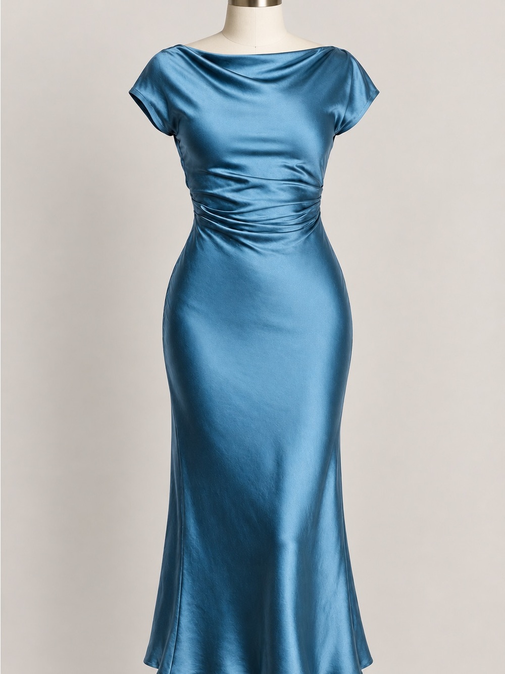 Teal Satin Cowl Back Ruched Midi Dress